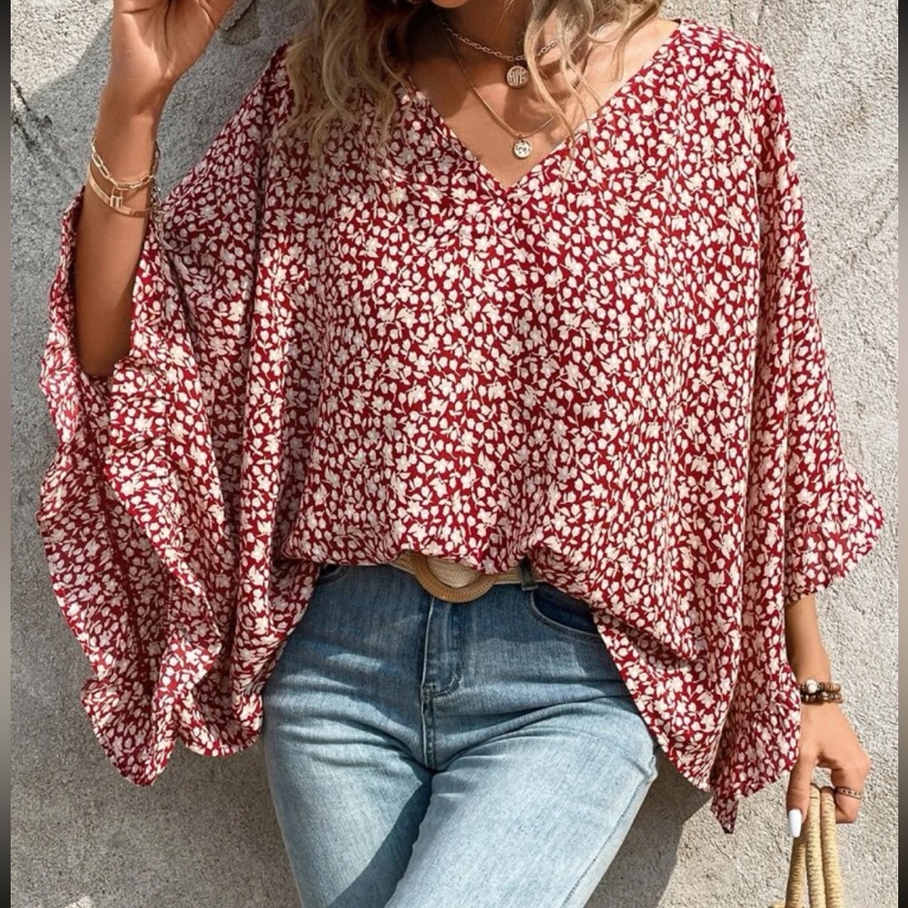 Boho floral print batwing sleeve blouse